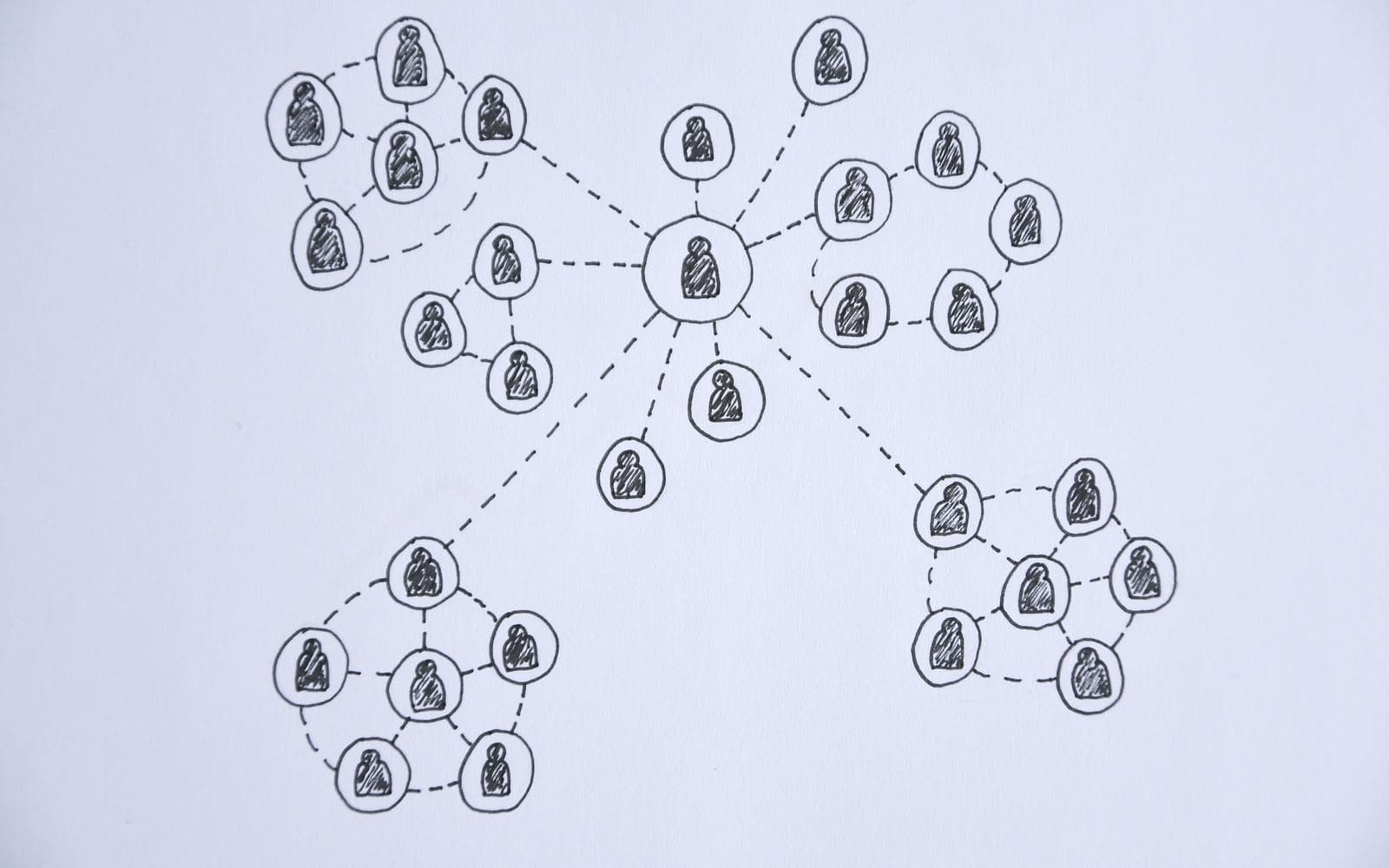 A hand-drawn network diagram: one central figure connected by dashed lines to several clusters of contacts