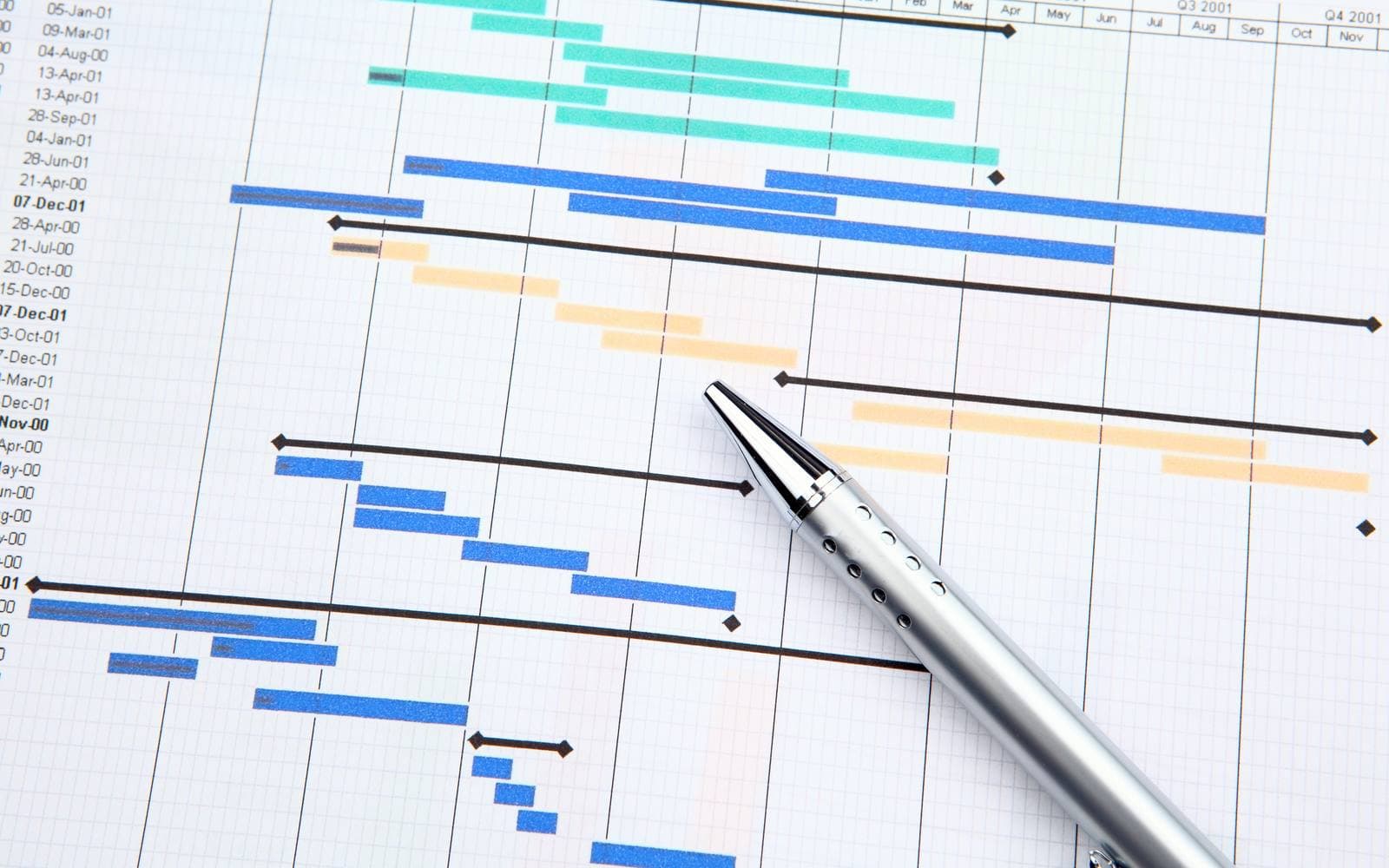 A silver pen resting on a printed project timeline, rows of coloured bars marking scheduled work week by week